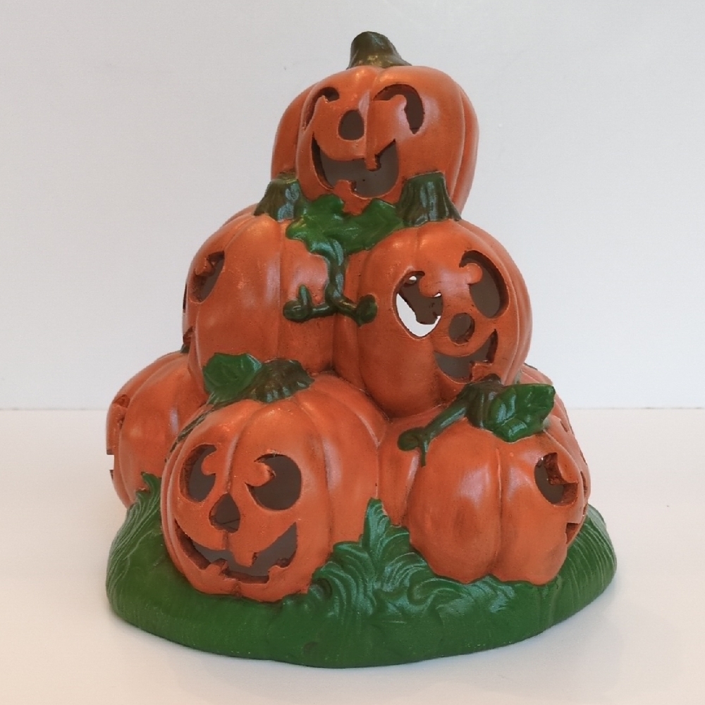 Vtg Ceramic Jack-o-Lantern Pumpkin Stack‎ Halloween Light Up w/ Candle Tealight